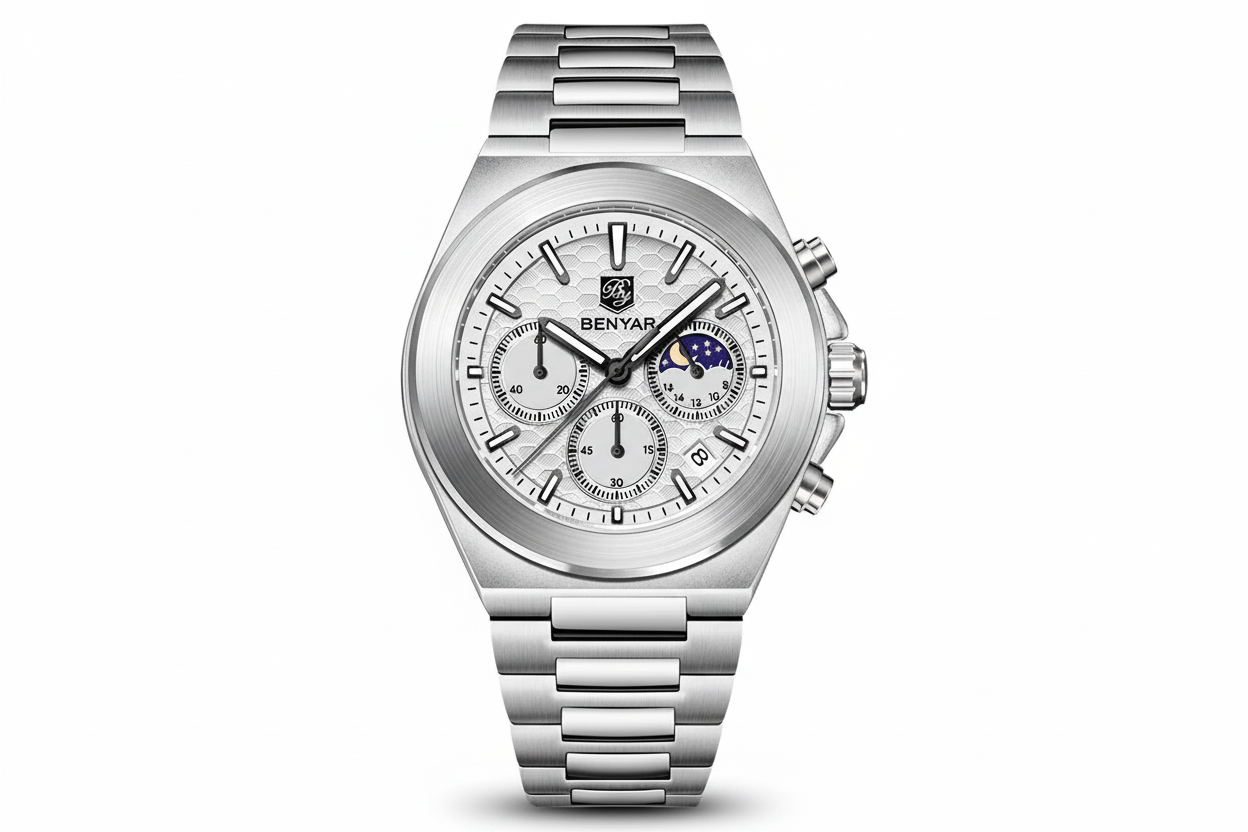 BENYAR BY-5220 Multi Functional Men's Quartz Chronograph Watch with white dial, detail view