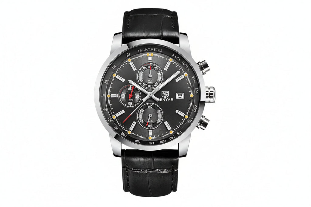 BENYAR BY-5102 Men's Quartz Chronograph Sports Watch with black silver dial