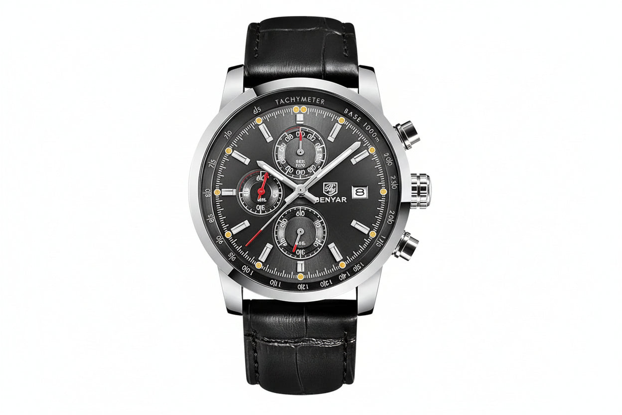 BENYAR BY-5102 Men's Quartz Chronograph Sports Watch with black silver dial