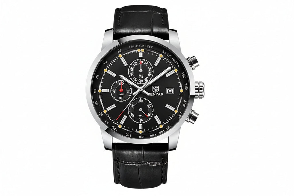 BENYAR BY-5102 Men's Quartz Chronograph Sports Watch with dark black silver dial