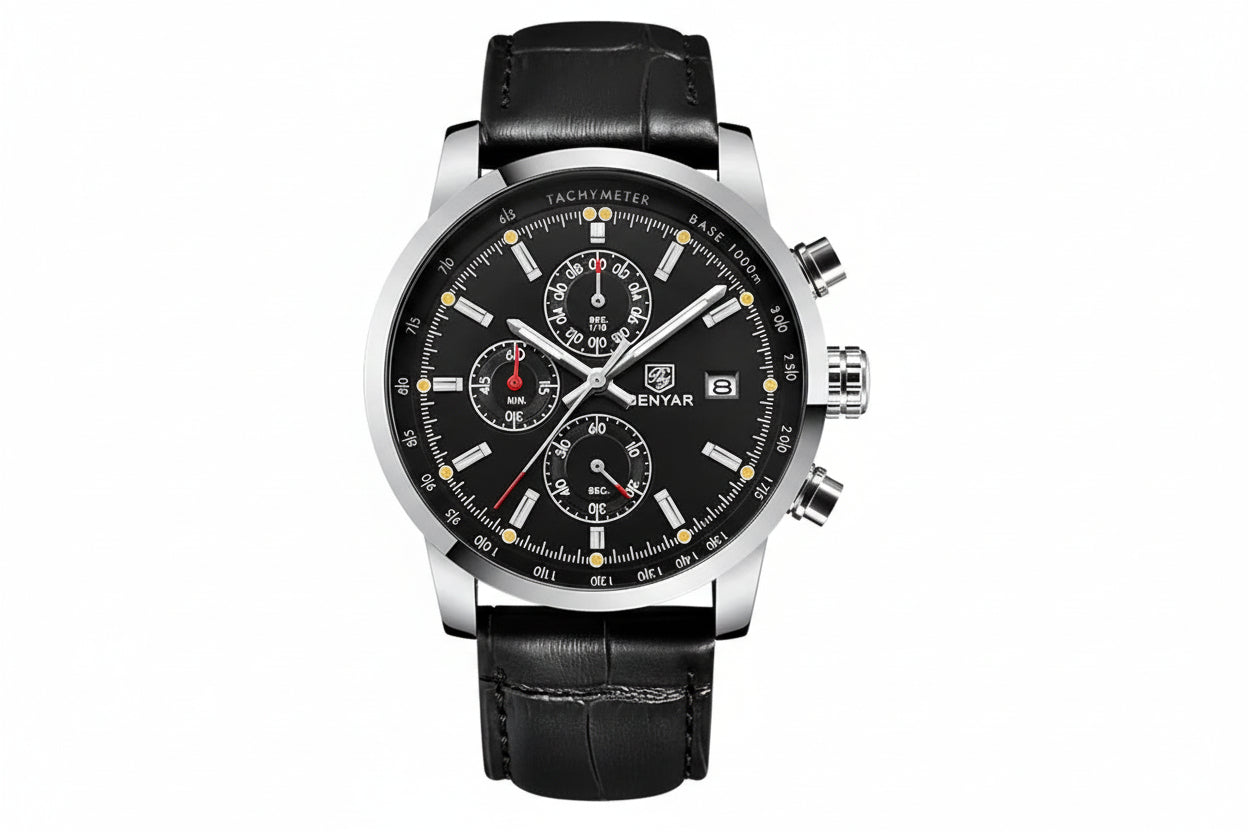 BENYAR BY-5102 Men's Quartz Chronograph Sports Watch with dark black silver dial