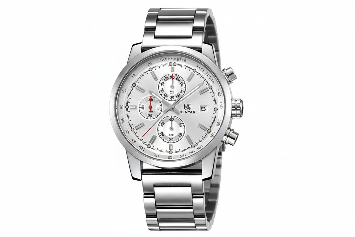 BENYAR BY-5102 Men's Quartz Chronograph Sports Watch with silver white dial