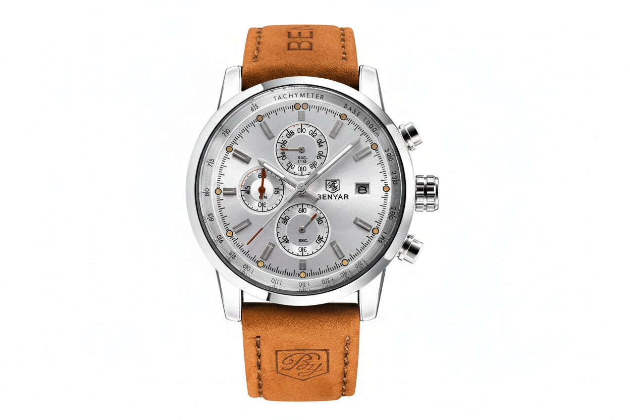 BENYAR BY-5102 Men's Quartz Chronograph Sports Watch with silver dial