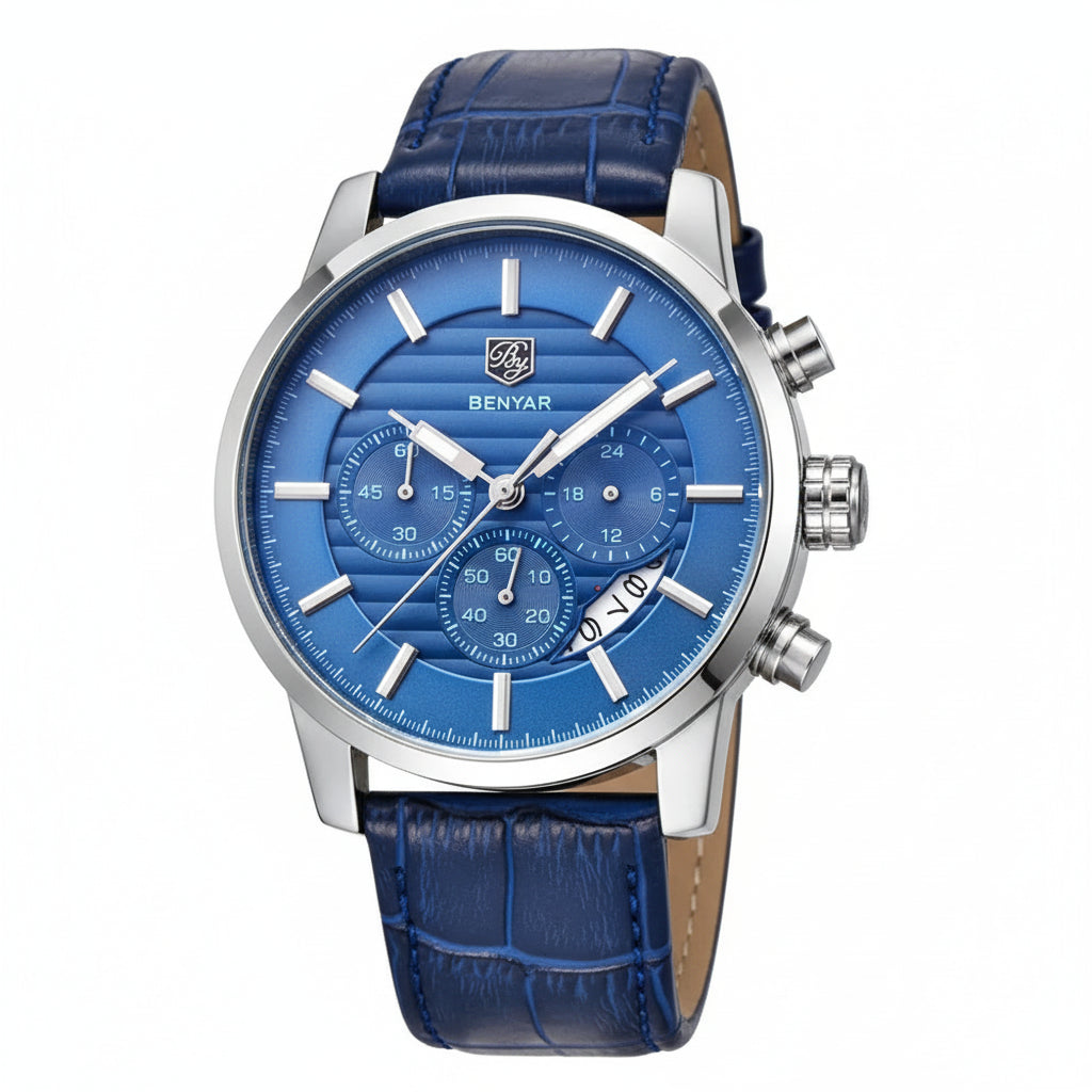 BENYAR BY-5104M Chronograph Sport with leather blue dial, side view