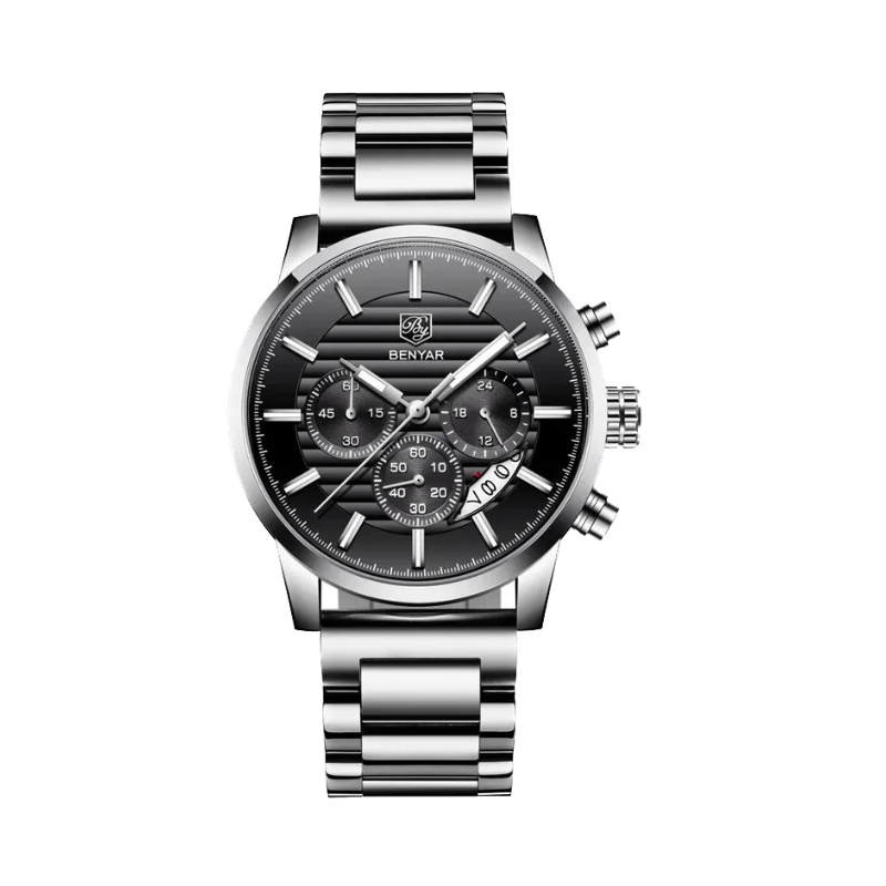 BENYAR BY-5104M Chronograph Sport with steel black dial, angled view