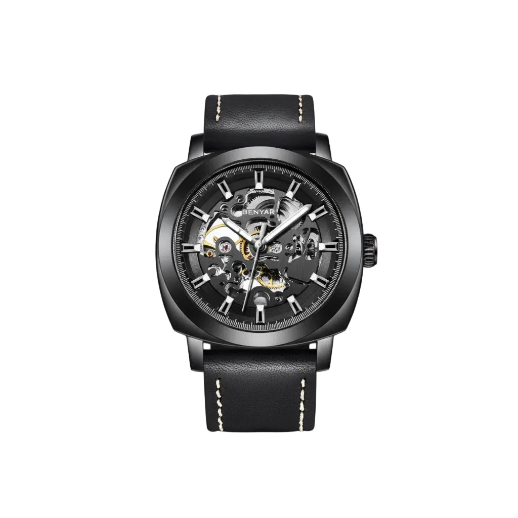BENYAR BY-5121 Automatic Skeleton Watch Square Dial - Leather with black black dial