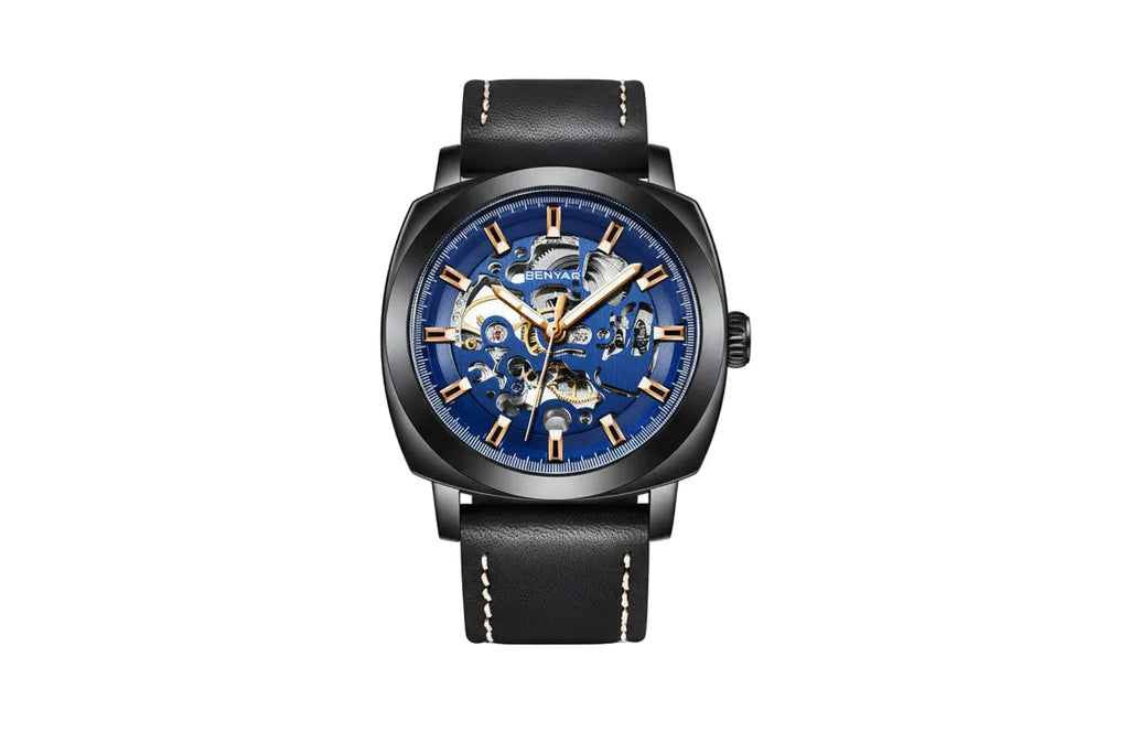 BENYAR BY-5121 Automatic Skeleton Watch Square Dial - Leather with black blue dial