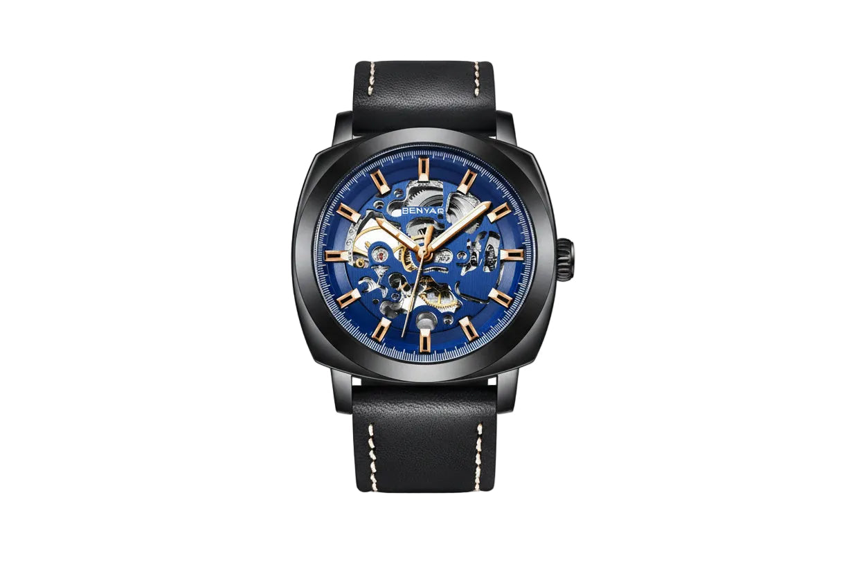 BENYAR BY-5121 Automatic Skeleton Watch Square Dial - Leather with black blue dial