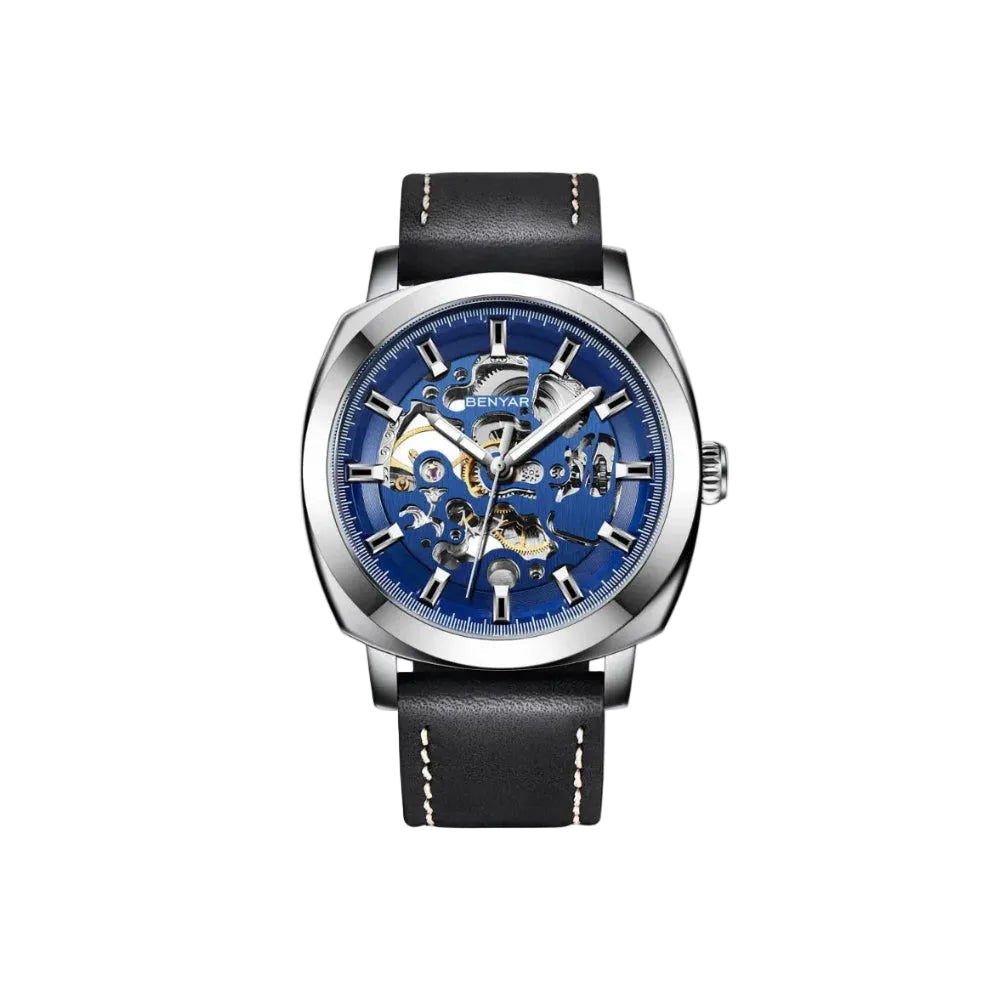 BENYAR BY-5121 Automatic Skeleton Watch Square Dial - Leather with silver blue dial, lifestyle shot