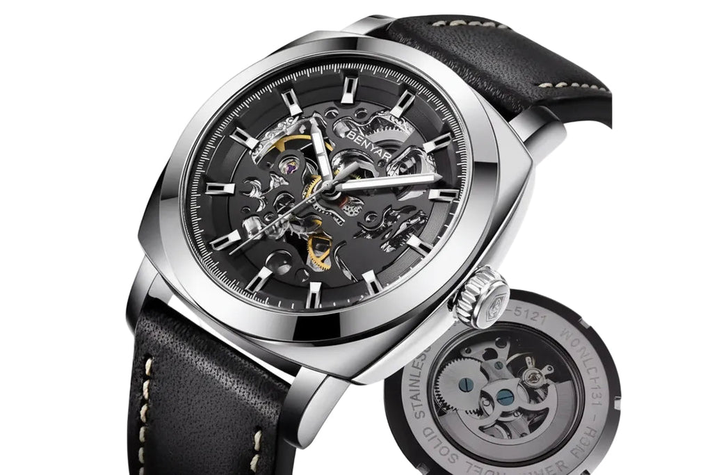 BENYAR BY-5121 Automatic Skeleton Watch Square Dial - Leather, angled view