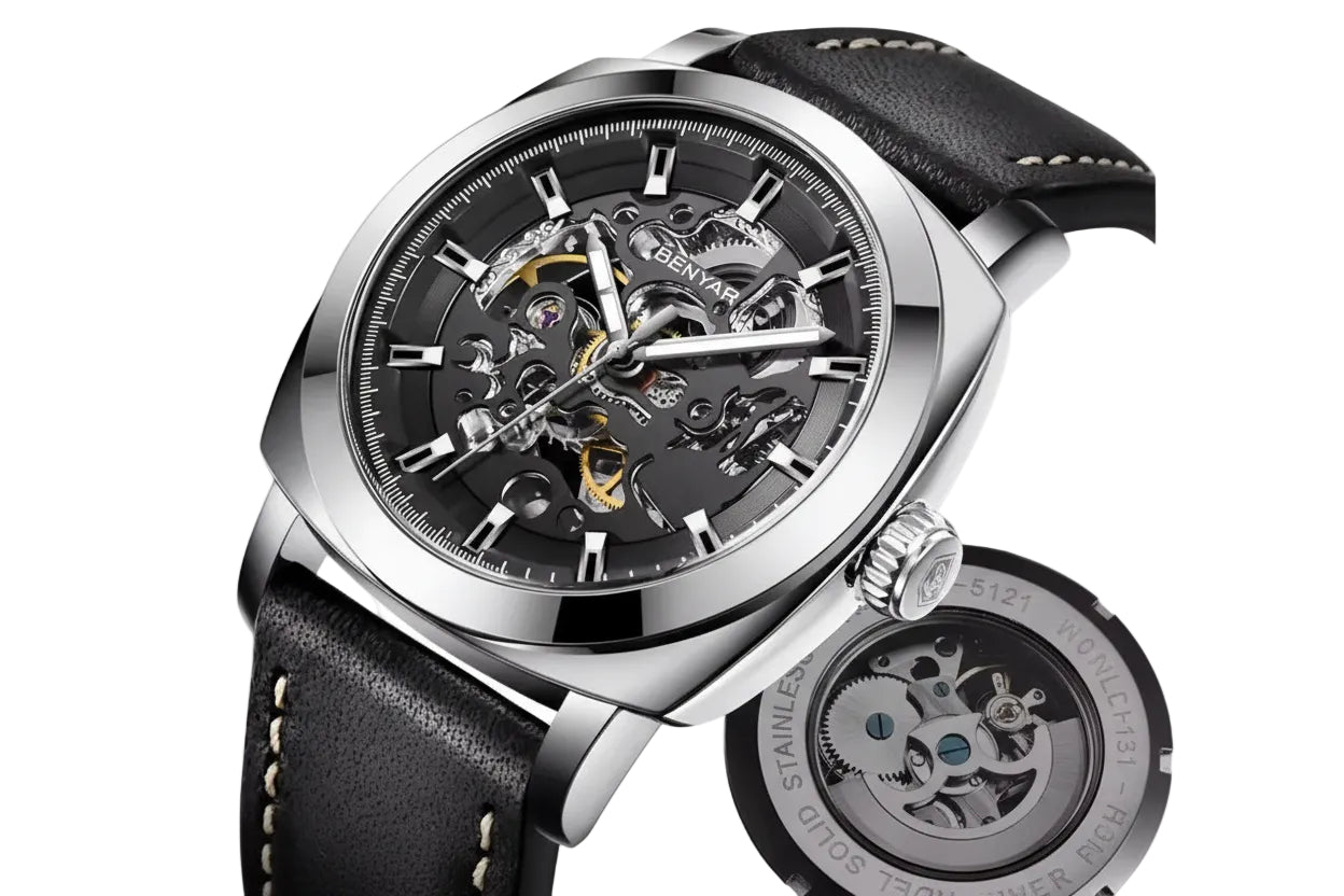 BENYAR BY-5121 Automatic Skeleton Watch Square Dial - Leather, angled view
