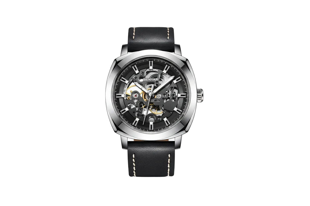 BENYAR BY-5121 Automatic Skeleton Watch Square Dial - Leather with silver gray dial