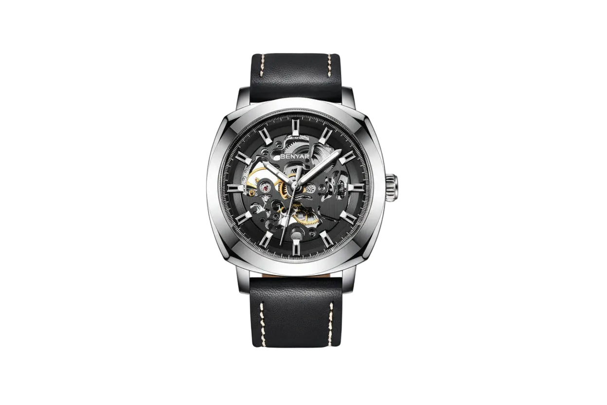 BENYAR BY-5121 Automatic Skeleton Watch Square Dial - Leather with silver gray dial