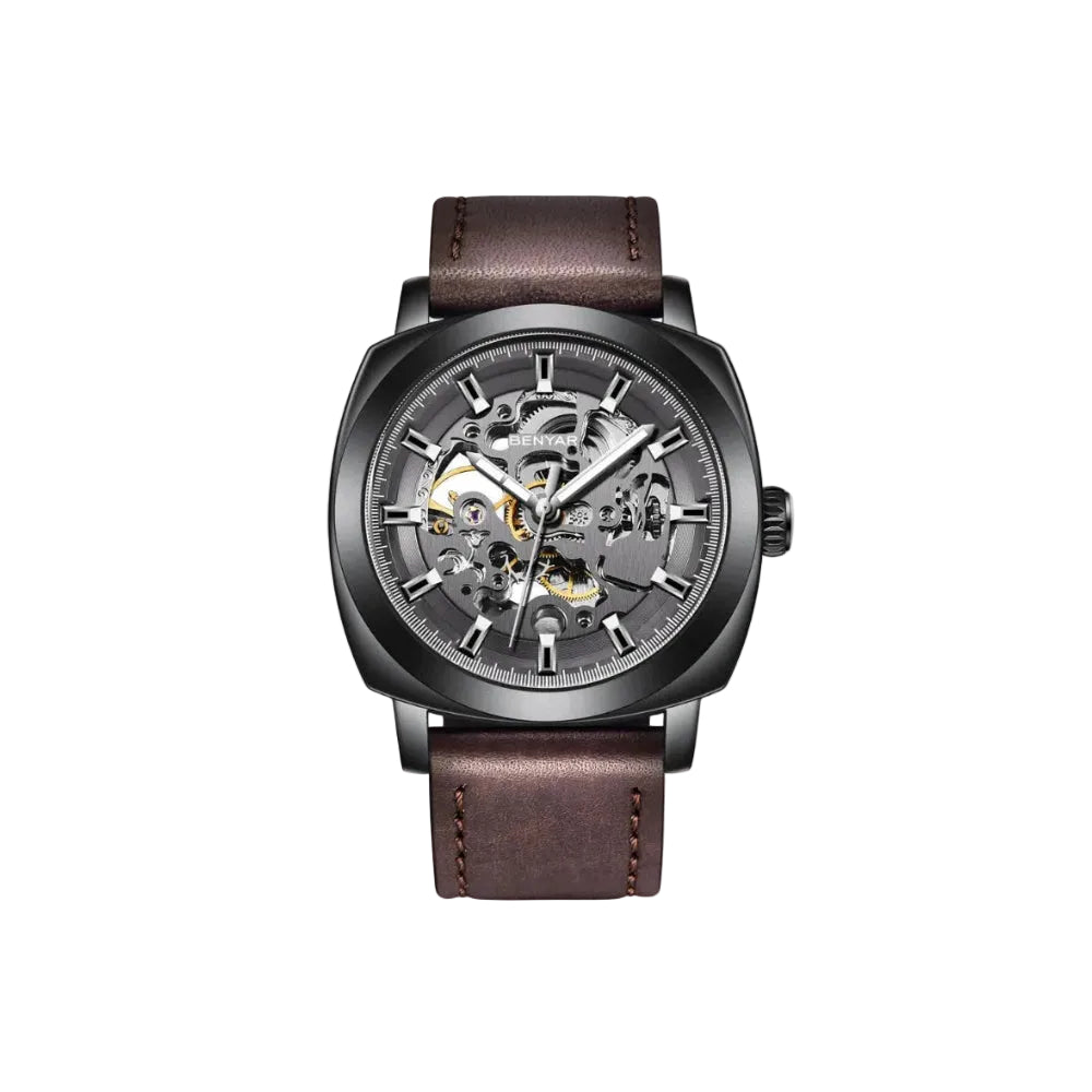 BENYAR BY-5121 Automatic Skeleton Watch Square Dial - Leather with silver black dial, shown on wrist