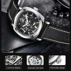 BENYAR BY-5121 Automatic Skeleton Watch Square Dial - Leather, side view