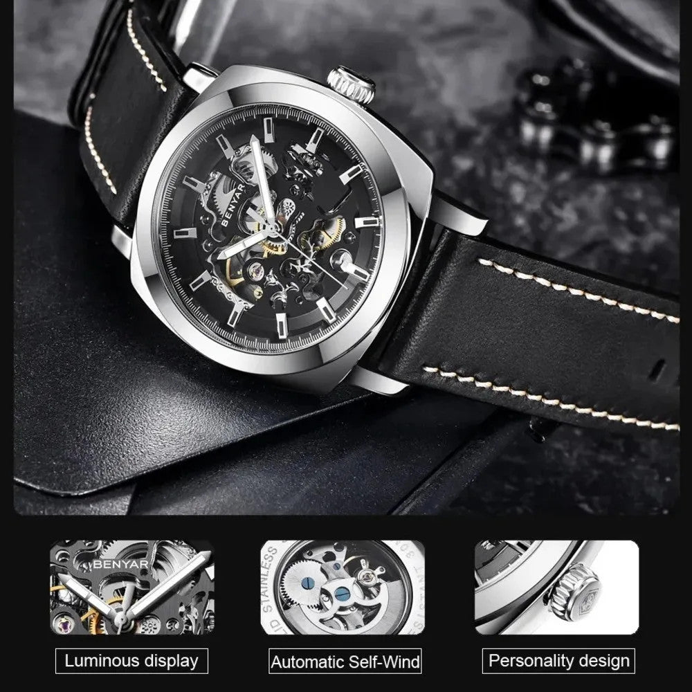 BENYAR BY-5121 Automatic Skeleton Watch Square Dial - Leather, side view