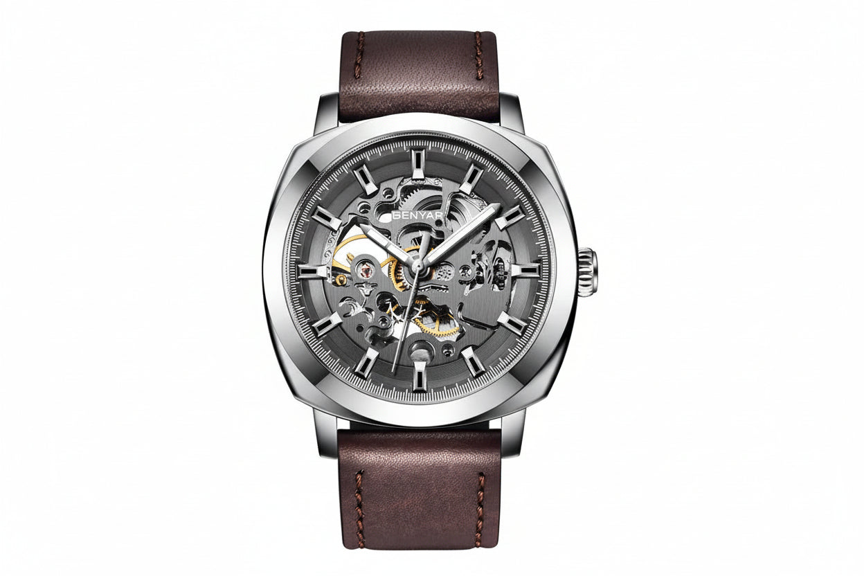 BENYAR BY-5121 Automatic Skeleton Watch Square Dial - Leather with black grey dial
