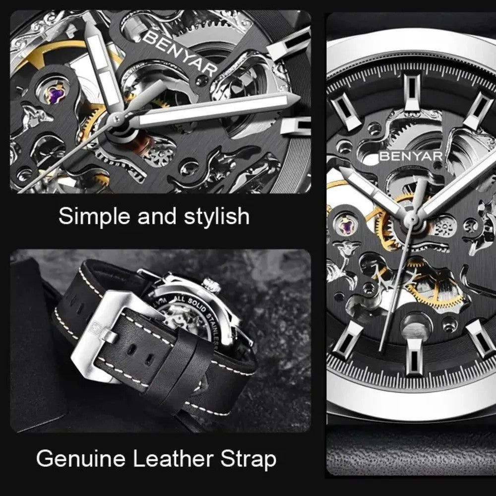 BENYAR BY-5121 Automatic Skeleton Watch Square Dial - Leather, detail view