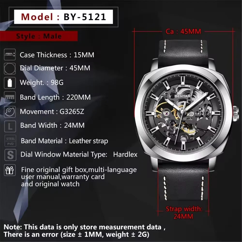 BENYAR BY-5121 Automatic Skeleton Watch Square Dial - Leather, caseback view
