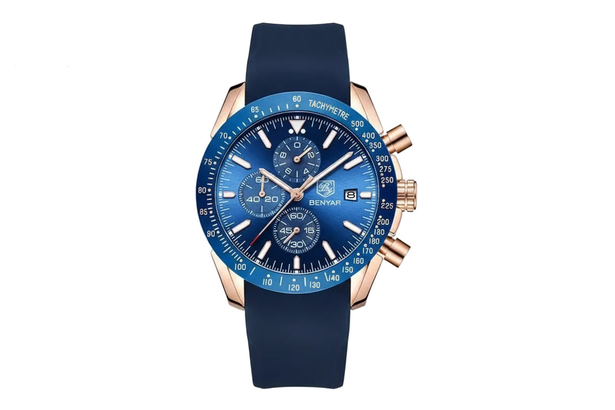 BENYAR BY-5140 Men's Casual Quartz Watch with sky blue dial, angled view