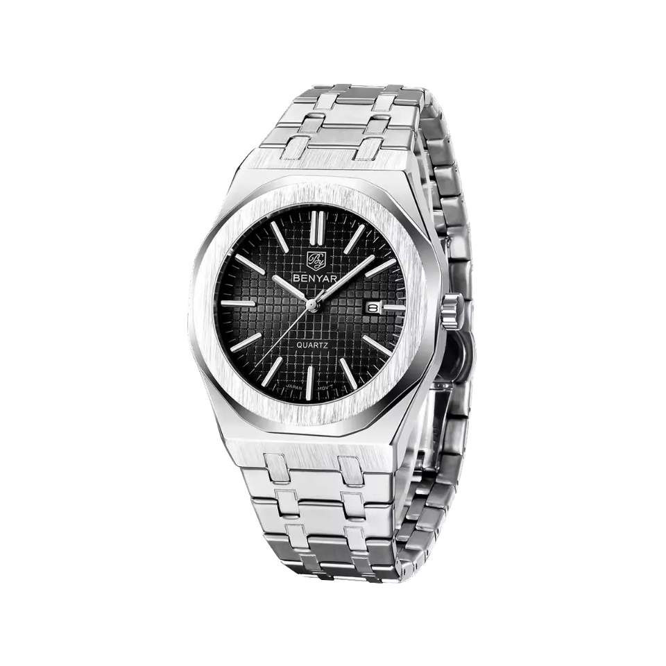 BENYAR BY-5156 Men's Quartz Watch with black dial, angled view