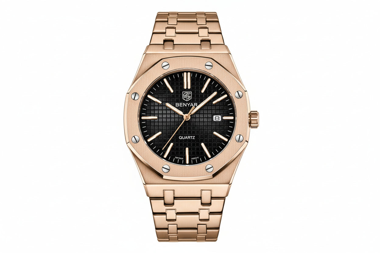 BENYAR BY-5156M Men's Quartz Watch with gold dial, detail view