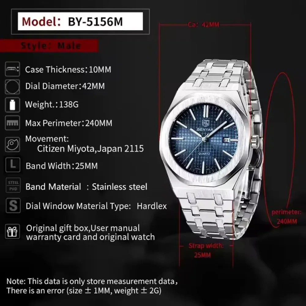 BENYAR BY-5156M Men's Quartz Watch, side view