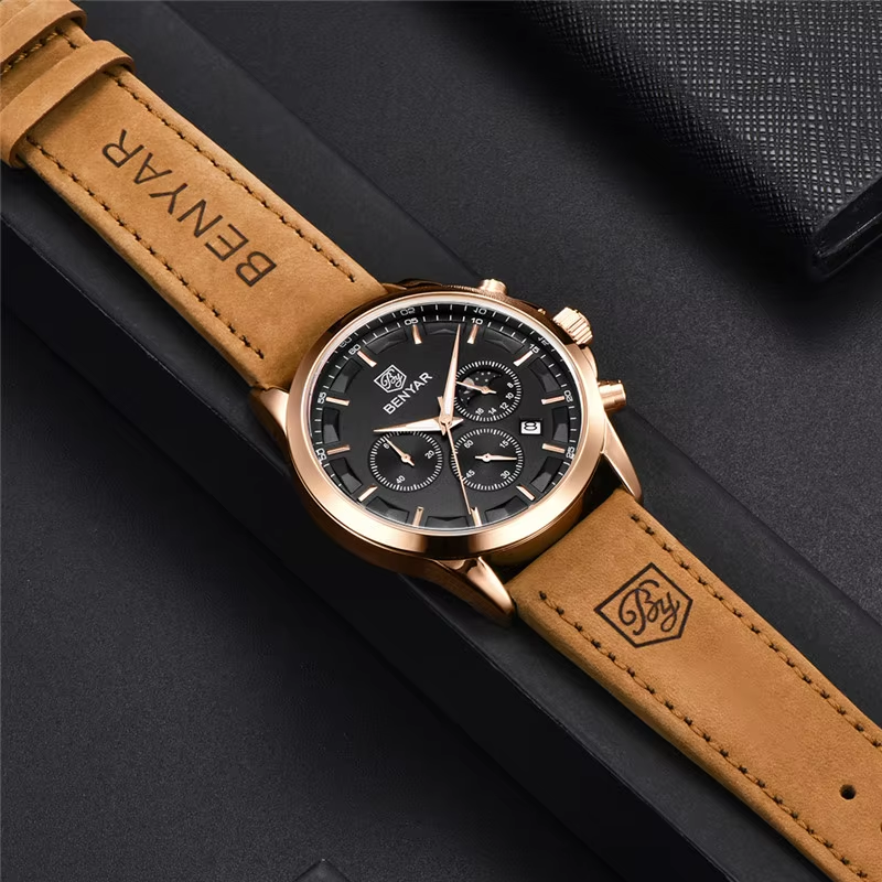 BENYAR BY-5160 Men's Sport Chronograph Watch - Leather, clasp detail