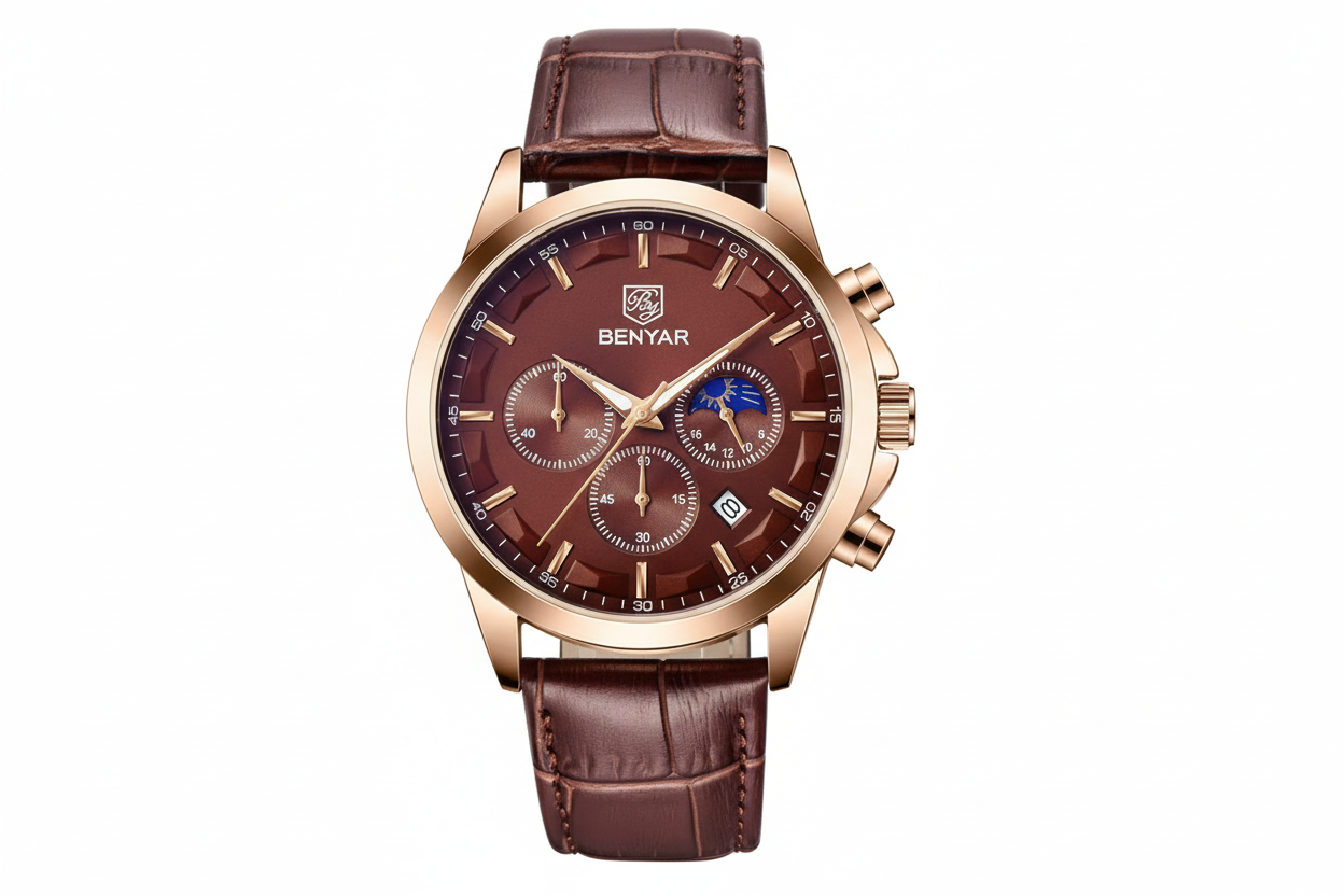 BENYAR BY-5160 Men's Sport Chronograph Watch - Leather with red dial