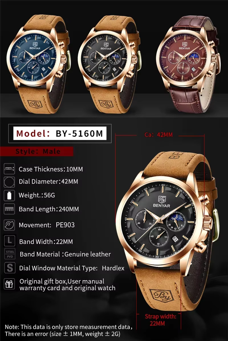 BENYAR BY-5160 Men's Sport Chronograph Watch - Leather, shown on wrist