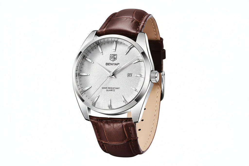 BENYAR, BY-5163  Men's Quartz Watch with white dial, angled view