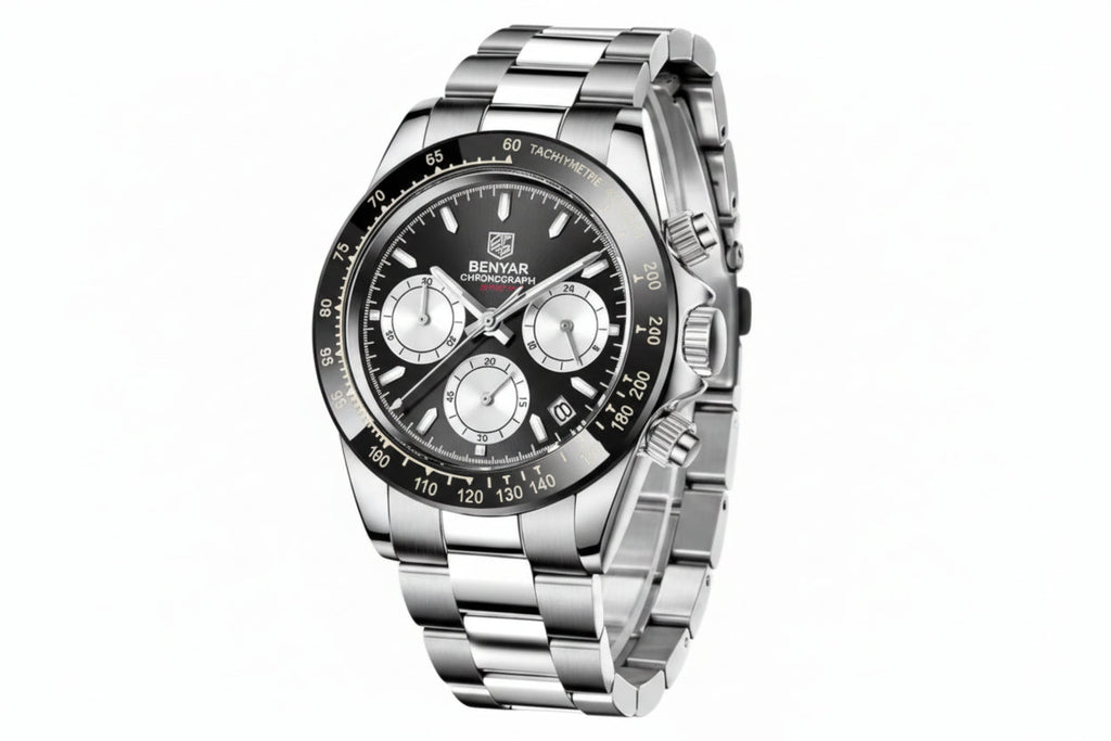 BENYAR BY-5169, Men's Quartz Watch with black white dial, detail view