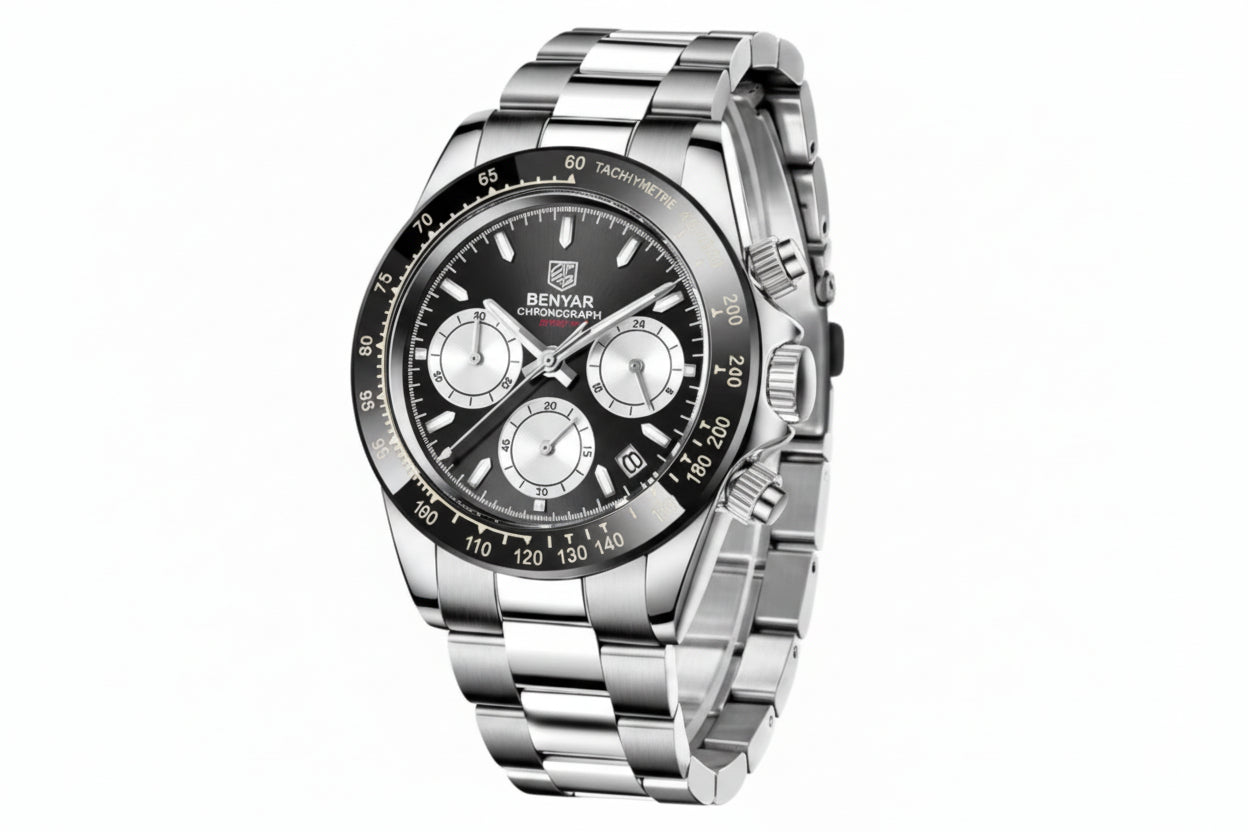 BENYAR BY-5169, Men's Quartz Watch with black white dial, detail view