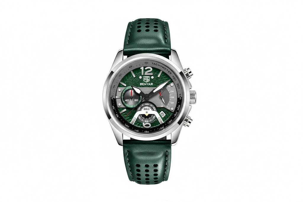 BENYAR BY-5171 Men's Quartz Sports Chronograph Watch - Leather with silver green dial, lifestyle shot
