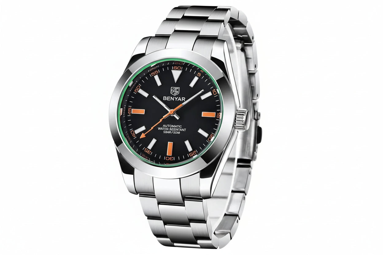 BENYAR, BY-5176M Automatic with black dial, detail view