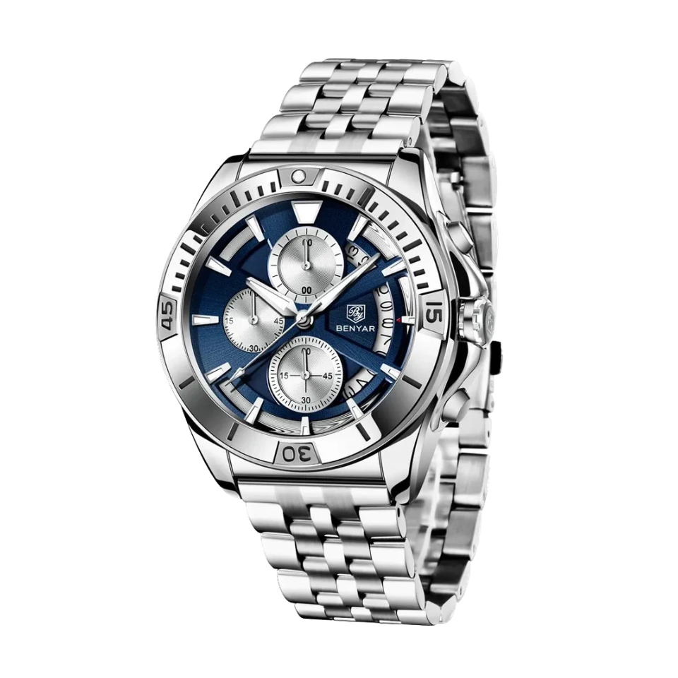 BENYAR BY-5180 Chronograph with blue silver dial, angled view