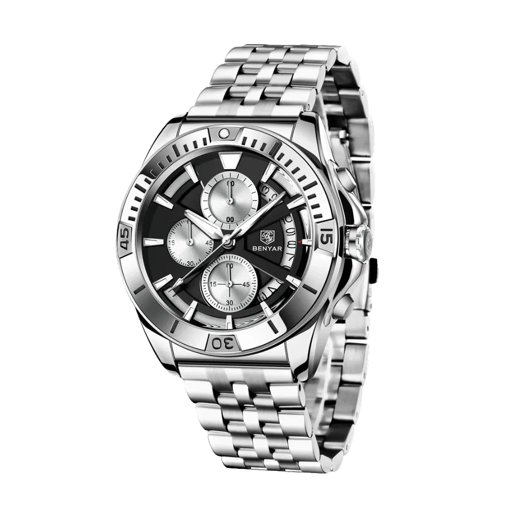 BENYAR BY-5180 Chronograph with silver black dial, detail view