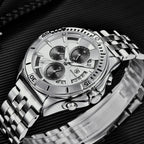 BENYAR BY-5180 chronograph watch with white dial and steel bracelet side angle view