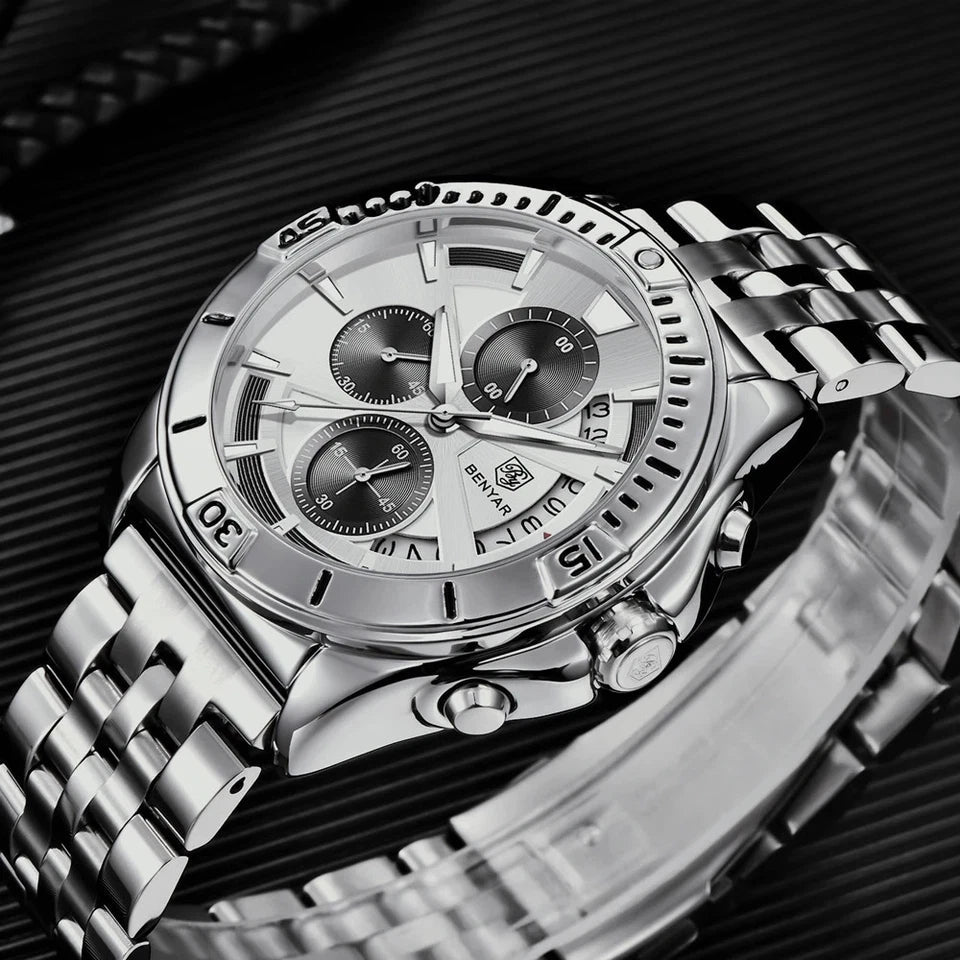 BENYAR BY-5180 chronograph watch with white dial and steel bracelet side angle view