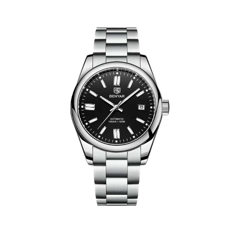 BENYAR BY-5185 Men's Automatic Watch with black dial, angled view