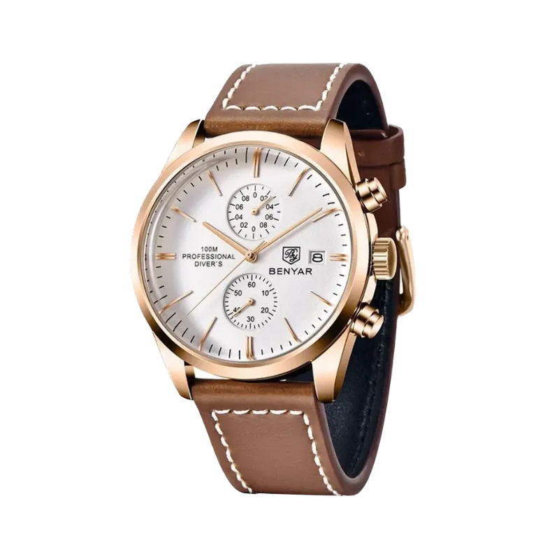 BENYAR  BY-5187 Leather Men's Quartz Watch with gold white dial, detail view