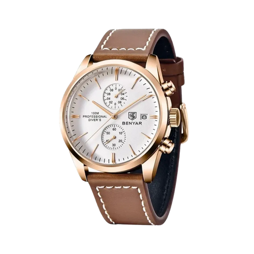 BENYAR  BY-5187 Leather Men's Quartz Watch with gold white dial, detail view