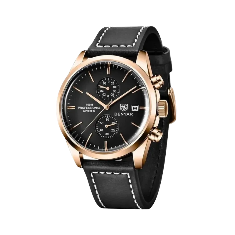 BENYAR  BY-5187 Leather Men's Quartz Watch, caseback view
