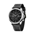 BENYAR BY-5187 Silver Case Black Dial Leather Chronograph Watch Front View