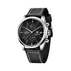 BENYAR BY-5187 Silver Case Black Dial Leather Chronograph Watch Front View