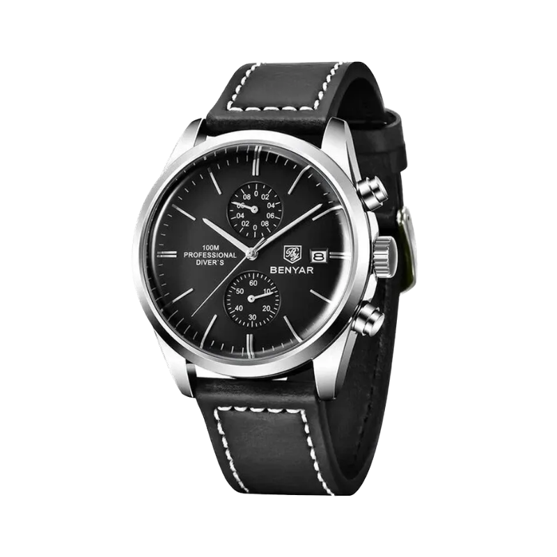 BENYAR BY-5187 Silver Case Black Dial Leather Chronograph Watch Front View