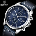 BENYAR BY-5187 Silver Case Blue Dial Leather Chronograph Watch with BENYAR Logo