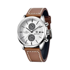 BENYAR  BY-5187 Leather Men's Quartz Watch with white dial, angled view