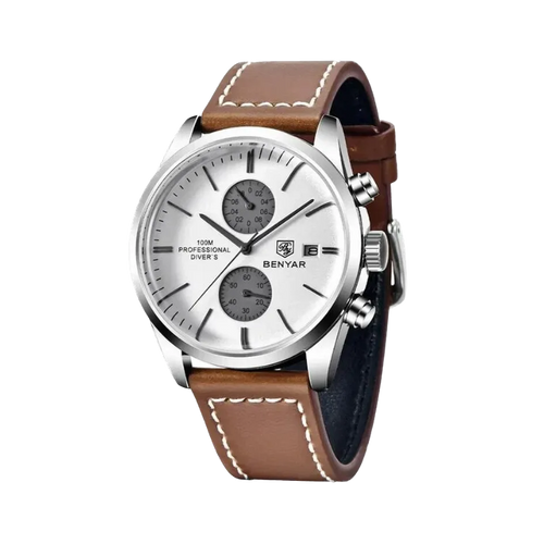 BENYAR  BY-5187 Leather Men's Quartz Watch with white dial, angled view