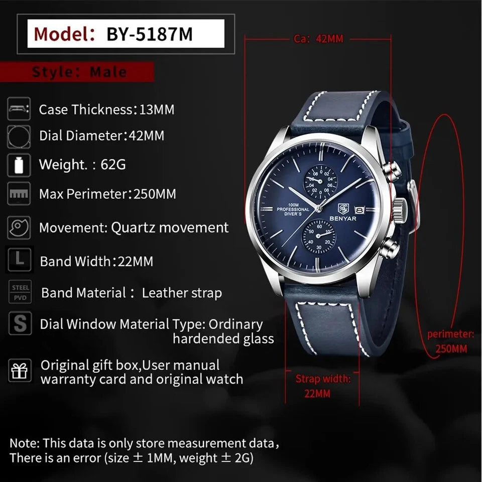 BENYAR BY-5187 Specifications: 42mm Dial, 13mm Case, 22mm Leather Strap, Quartz Movement